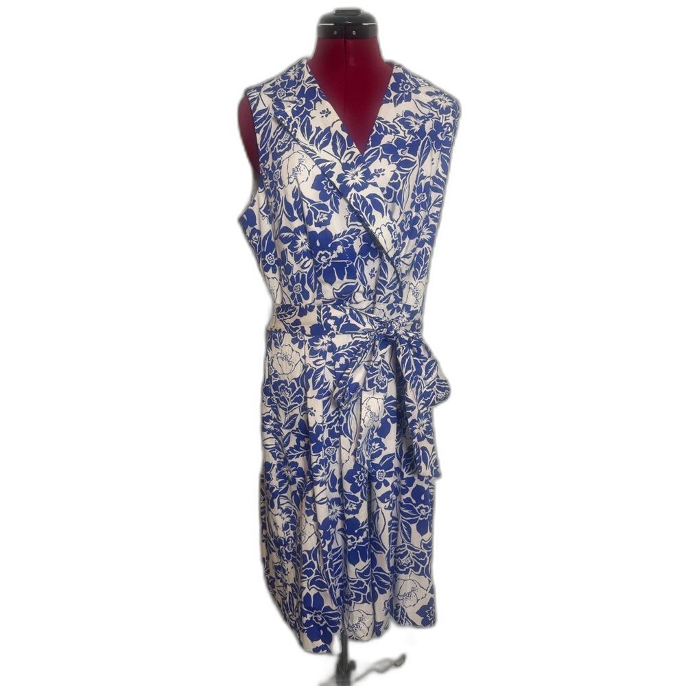 NWT Anne Klein Dress Women's Size 14 Cobalt & White Floral Sleeveless Faux Wrap